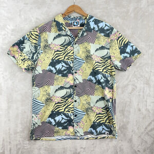 T & C Surf Designs Hawaii Shirt Large Patchwork Cotton Floral Weave 90s Style